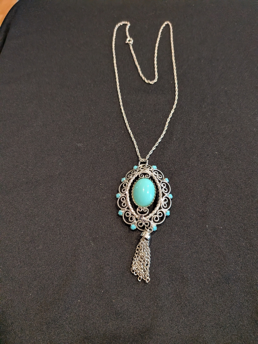 Vintage 1970s Turquoise Oval Pendant Necklace 12" with Silver Tassel